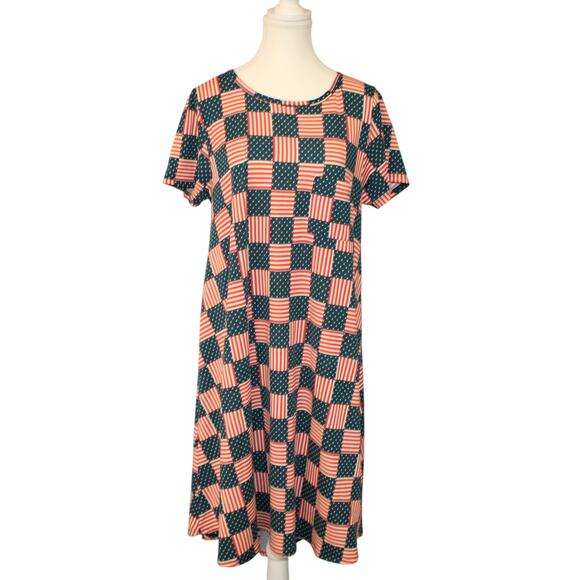 LULAROE Carly Flag Dress Med Americana Patriotic USA Red White Blue Midi - Picture 1 of 6